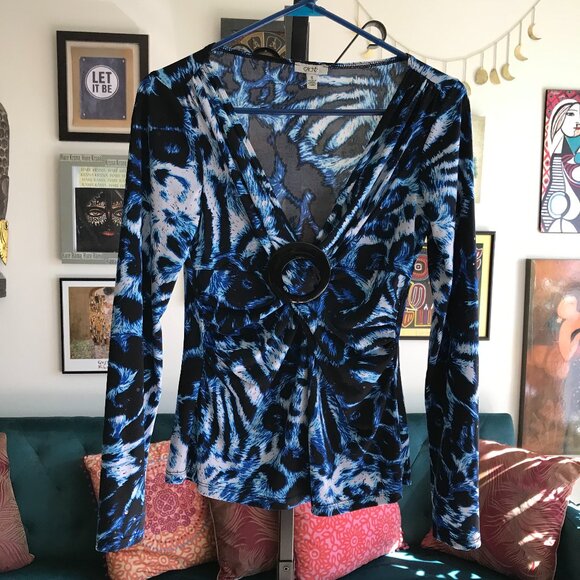 CACHE size S Blue Animal Leopard Print Paillette Embellished Stretch Top - Picture 1 of 4